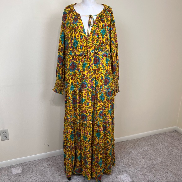 HOUSE OF HARLOW mustard yellow floral print tiered boho maxi dress